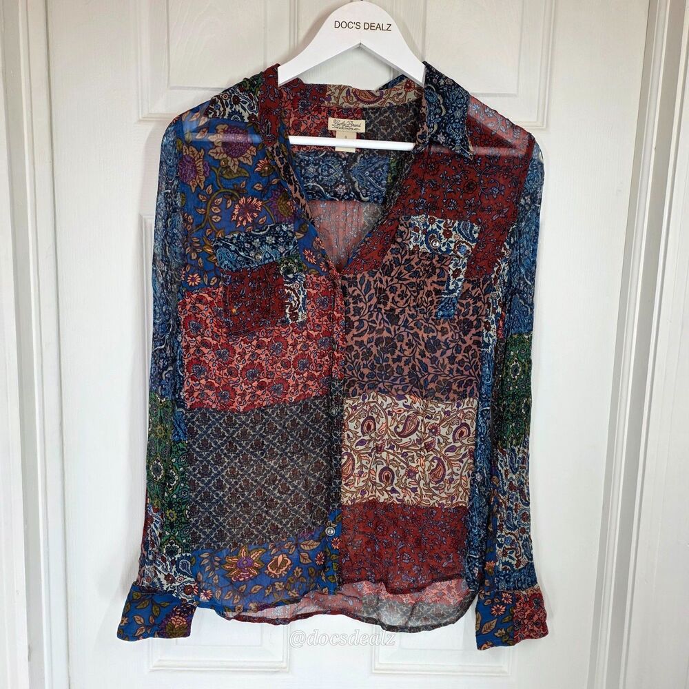 Lucky Brand Boho Blouse Patchwork Long-Sleeve Button-Up Floral Paisley Women's S